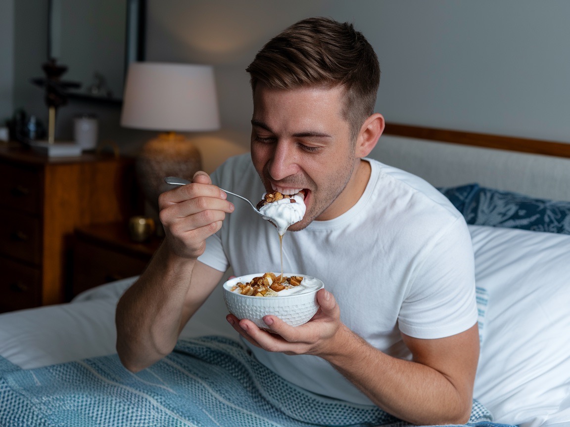 A man is eating Greek yogurt before going to bed.