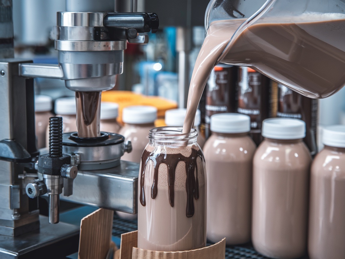 Bottles of protein shakes are being produced in a factory.